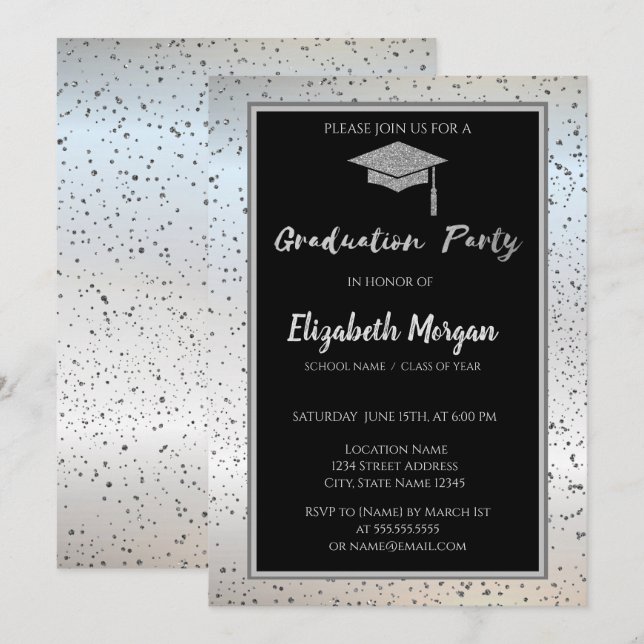 Invitación Moda Purpurina Plata Graduación Cap,Confetti (Anverso / Reverso)