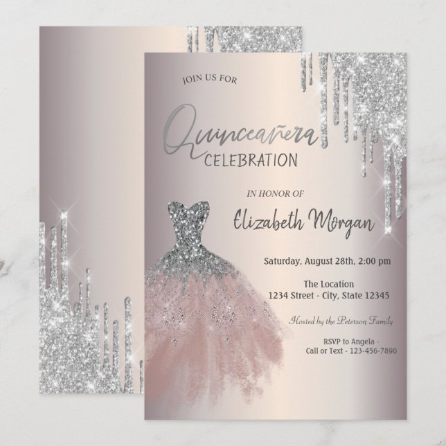 Invitación Moda Purpurina Plata Vestido Quinceañera (Anverso / Reverso)