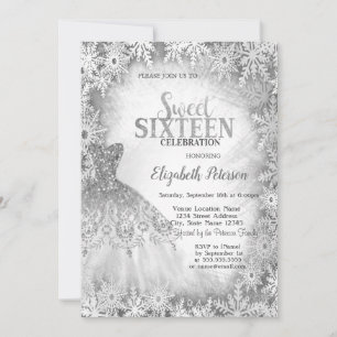 Invitación Moda Purpurina Plata Vestido Snowflakes Sweet 16