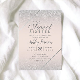 Invitación Moda purpurina plateado guion color rosa dulce 16
