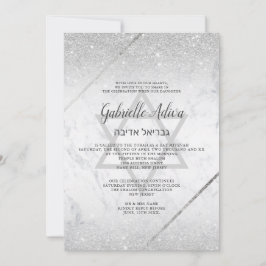 Invitación Moda purpurina plateado guión mármol Bat Mitzvah