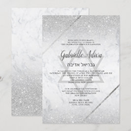 Invitación Moda purpurina plateado guión mármol Bat Mitzvah
