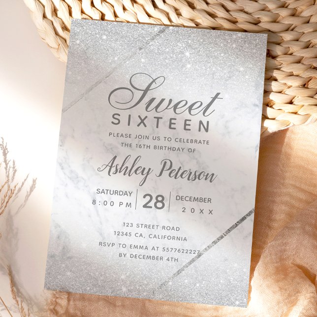 Invitación Moda purpurina plateado guión mármol Sweet 16 (Subido por el creador)