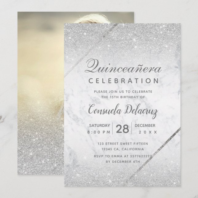 Invitación Moda purpurina plateado mármol Quinceanera (Anverso / Reverso)