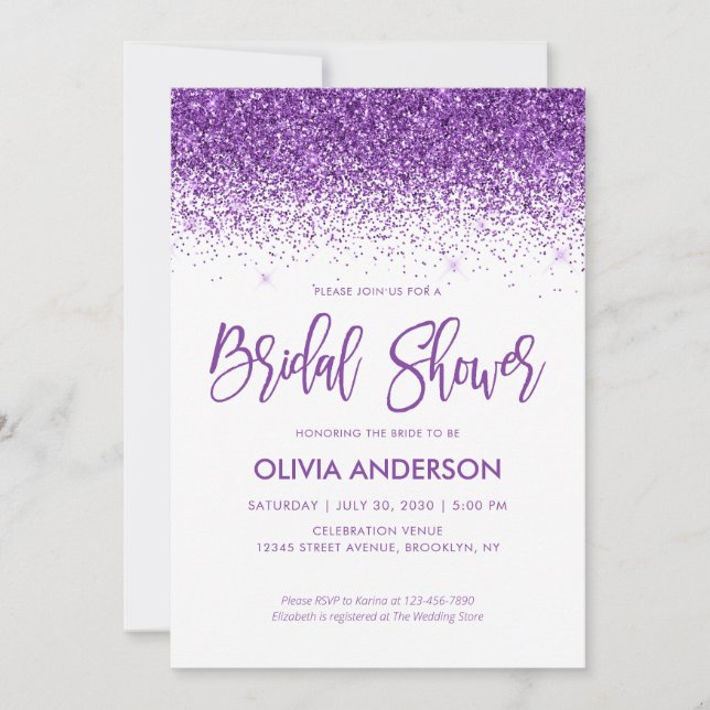 Invitación Moda Purpurina púrpura Sparkle Confetti Bridal Sho (Anverso)