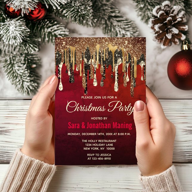 Invitación Moda purpurina rojo negro y oro gotea Navidades (Subido por el creador)