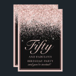 Invitación Moda Purpurina Rosa 50 y fabuloso cumpleaños<br><div class="desc">Sus invitados sabrán que esto será un fiesta especial solamente mirando esta invitación! Este diseño presenta un impresionante fondo negro y un falso purpurina rosa con tipografía personalizado.</div>