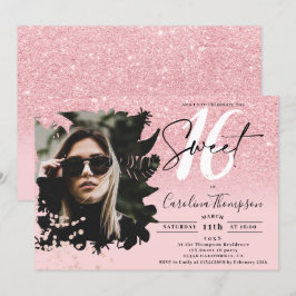 Invitación Moda purpurina rosa foto de color oscuro con flore
