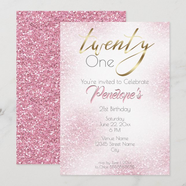 Invitación Moda Purpurina rosa puro y oro 21 (Anverso / Reverso)