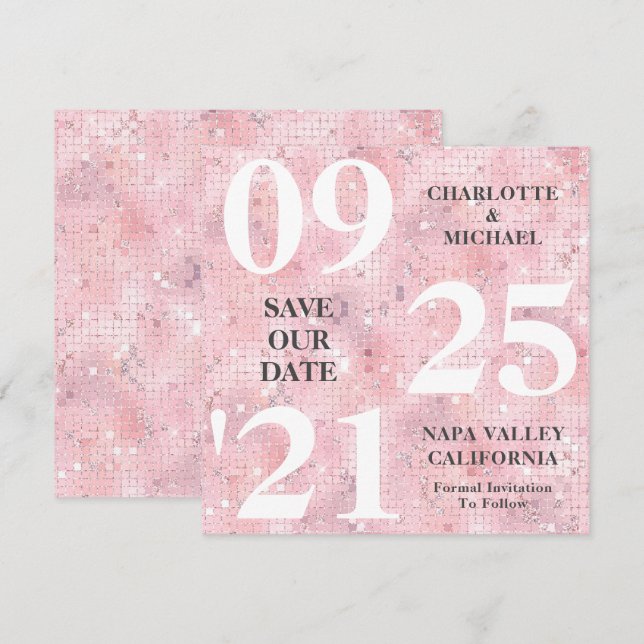 Invitación Moda Purpurina Rosa Sparkle Modern Save The Date (Anverso / Reverso)