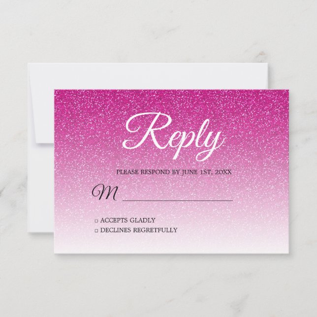 Invitación Moda Purpurina rosado caliente Ombre RSVP (Anverso)