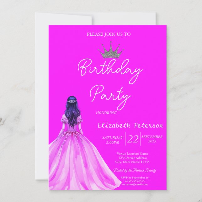 Invitación Moda Purpurina Tiara Chica Vestido Neon Cumpleaños (Anverso)