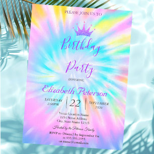 Invitación Moda Purpurina Tiara Tie Dye Cumpleaños