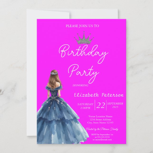 Invitación Moda Purpurina Tiara Vestido Azul Neon Cumpleaños  (Anverso)