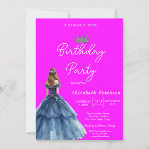 Invitación Moda Purpurina Tiara Vestido Azul Neon Cumpleaños 