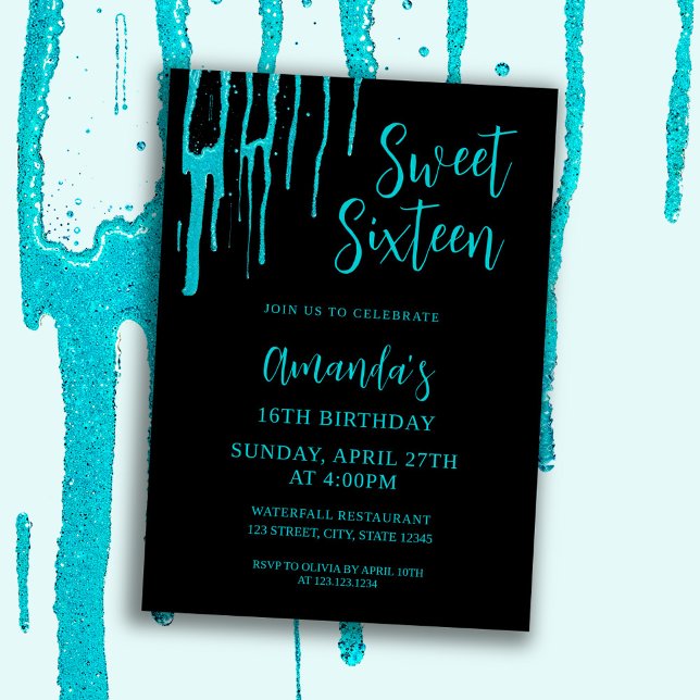 Invitación Moda Purpurina Verde azulado goteo dulce 16 cumple (Subido por el creador)