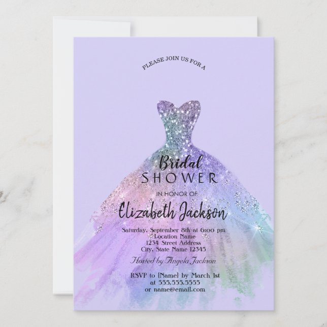 Invitación Moda Purpurina Vestir Lavander Bridal Shower (Anverso)