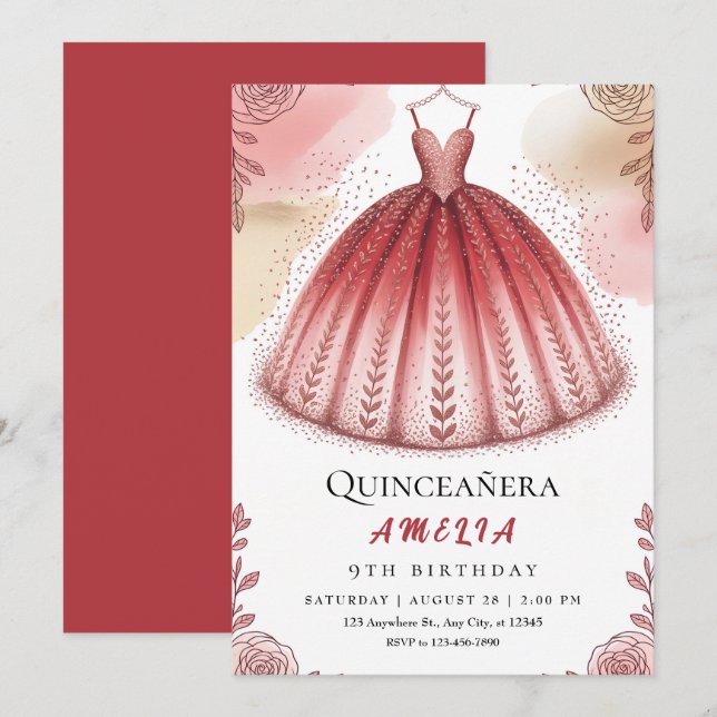 Invitación Moda Purpurina y floral Quinceañera (Anverso / Reverso)