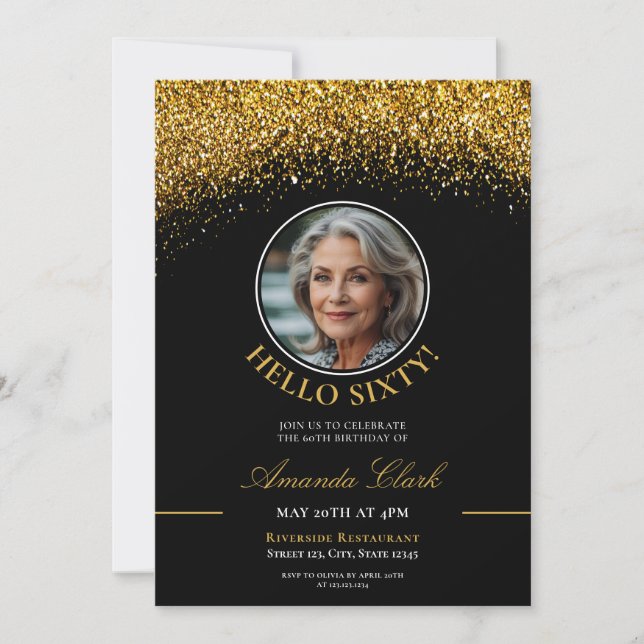 Invitación Moda Purpurinas de Oro y Negro Damas. 60 cumpleaño (Anverso)