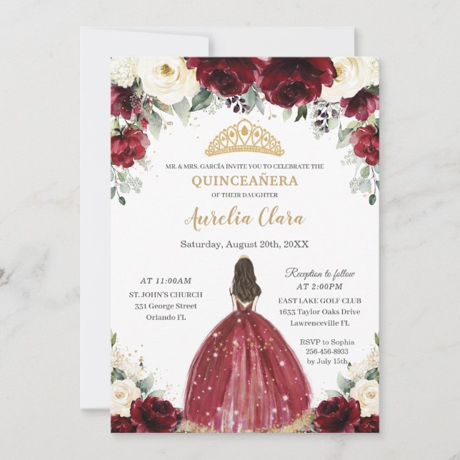 Invitación Moda Quinceañera Borgoña Floral Princesa (Anverso)