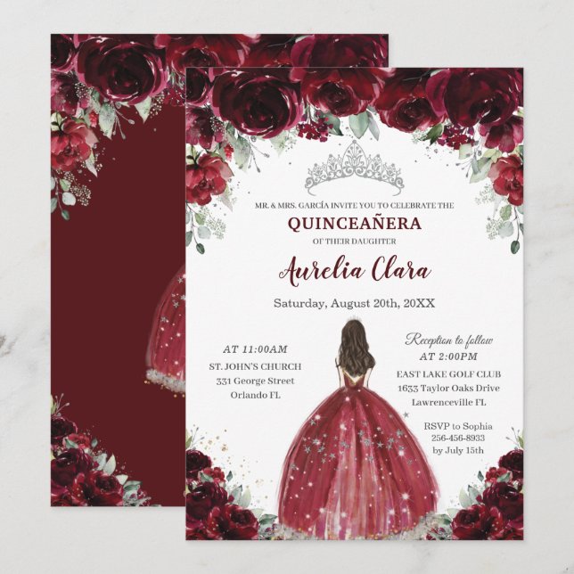Invitación Moda Quinceañera Borgoña Floral Princesa Plata (Anverso / Reverso)