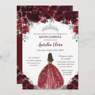 Invitación Moda Quinceañera Borgoña Floral Princesa Plata