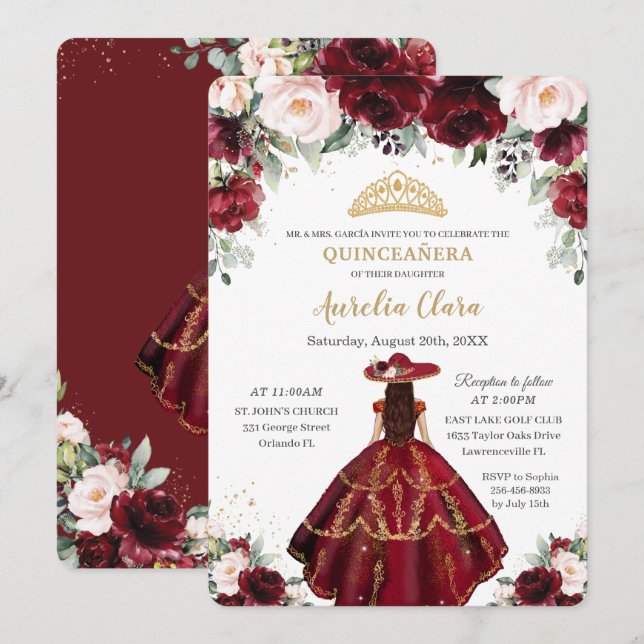 Invitación Moda Quinceañera Burgundy Rubor Floral Charro Gold (Anverso / Reverso)