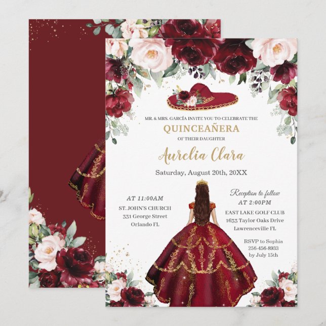 Invitación Moda Quinceañera Burgundy Rubor Floral Charro Gorr (Anverso / Reverso)