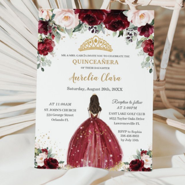 Invitación Moda Quinceañera Burgundy Rubor Floral Princess (Subido por el creador)