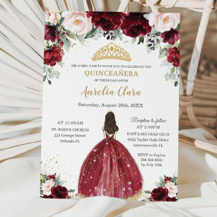 Invitación Moda Quinceañera Burgundy Rubor Floral Princess