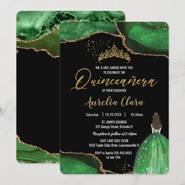 Invitación Moda Quinceañera Emerald Green Agate Princess (Anverso / Reverso)