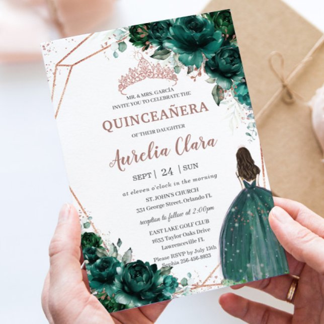 Invitación Moda Quinceañera Esmeralda Verde Rosa de oro (Subido por el creador)