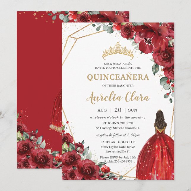 Invitación Moda Quinceañera Flores Rojas Floral Marrón Prince (Anverso / Reverso)