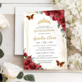Invitación Moda Quinceañera Flores Rojas Floral Oro Mariposa