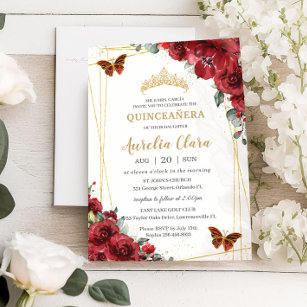 Invitación Moda Quinceañera Flores Rojas Floral Oro Mariposa