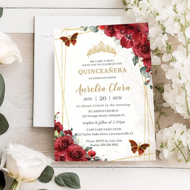 Invitación Moda Quinceañera Flores Rojas Floral Oro Mariposa (Subido por el creador)