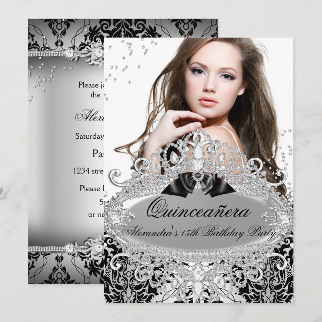 Invitación Moda Quinceanera Foto de joyas de diamantes de dam (Anverso / Reverso)