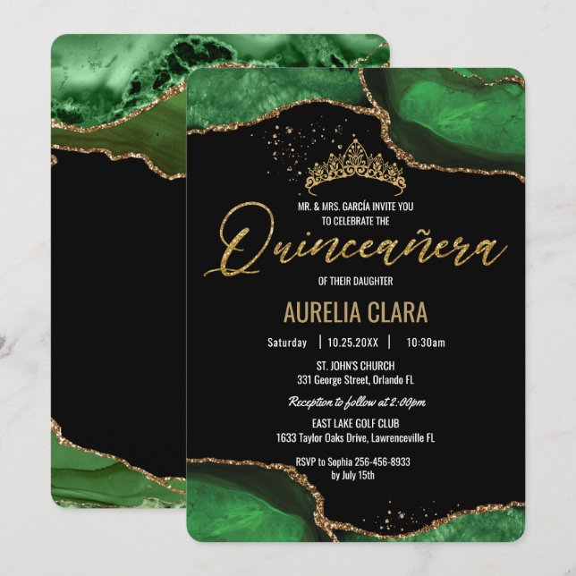 Invitación Moda Quinceañera Marble de la esmeralda verde del  (Anverso / Reverso)