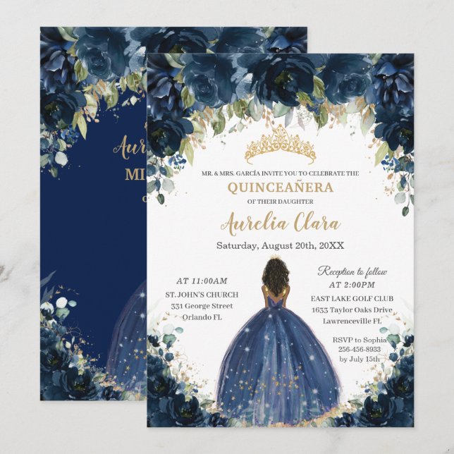 Invitación Moda Quinceañera Marina Azul Floral Marrón Princes (Anverso / Reverso)