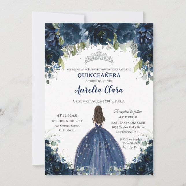 Invitación Moda Quinceañera Marina Floral Azul Princesa Plata (Anverso)