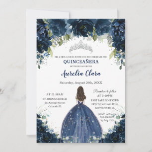 Invitación Moda Quinceañera Marina Floral Azul Princesa Plata