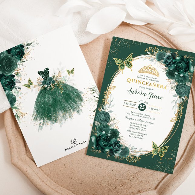 Invitación Moda Quinceañera Mariposa floral verde esmeralda (Subido por el creador)