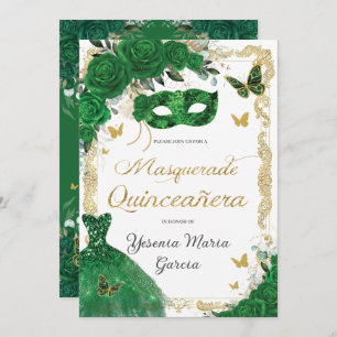 Invitación Moda Quinceañera Masquerade Emerald Green Floral