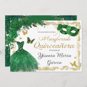 Invitación Moda Quinceañera Masquerade Emerald Green Floral I