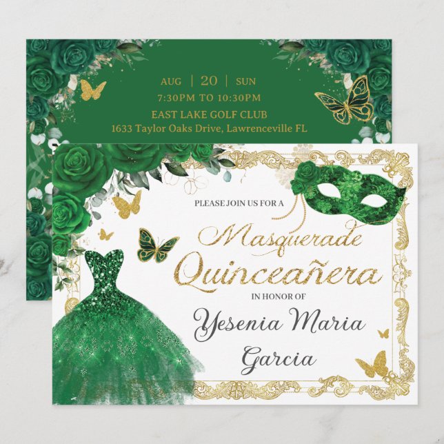 Invitación Moda Quinceañera Masquerade Emerald Green Floral I (Anverso / Reverso)