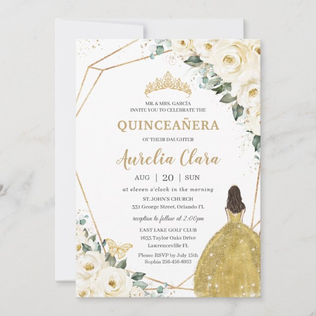 Invitación Moda Quinceañera Princesa de Oro Floral Blanca de  (Anverso)