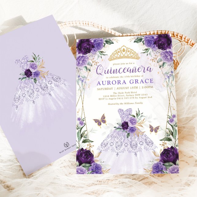 Invitación Moda Quinceañera Princesa Vestido Morado Floral (Subido por el creador)