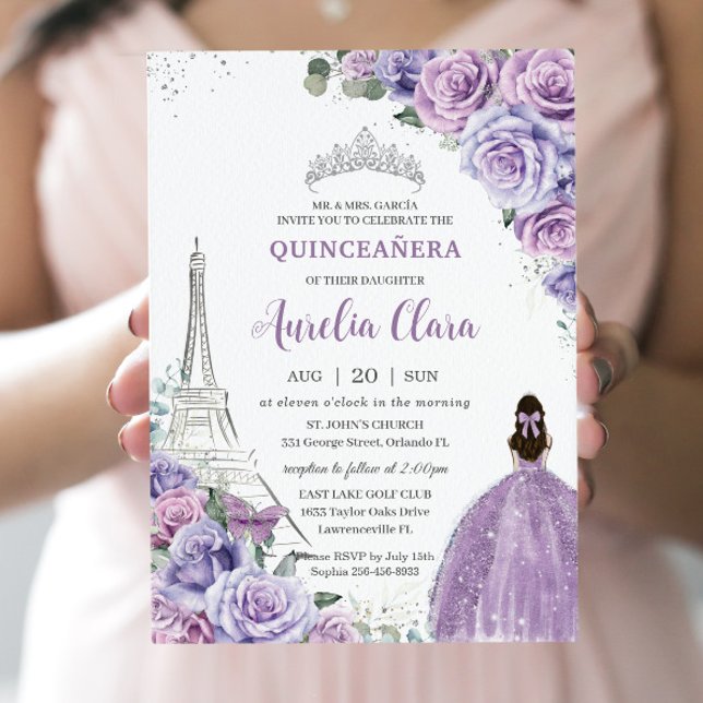 Invitación Moda Quinceañera Purple Floral Paris Eiffel Silver (Subido por el creador)