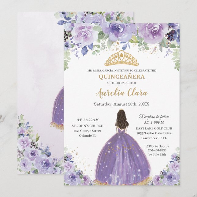 Invitación Moda Quinceañera Purple Lilac Floral Princesa (Anverso / Reverso)