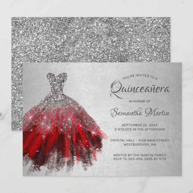 Invitación Moda Quinceanera Purpurina de Vestido de Plata Roj (Anverso / Reverso)